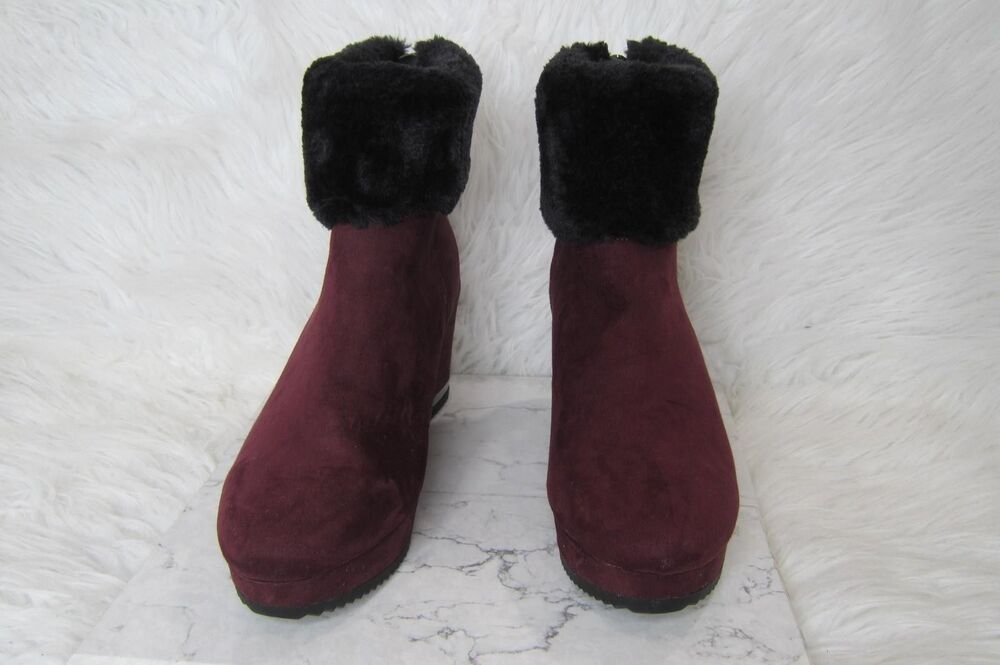 DKNY Women's "Nadra" Bordeaux Burgundy Faux Fur Wedge Booties Size 9.5M NWOB